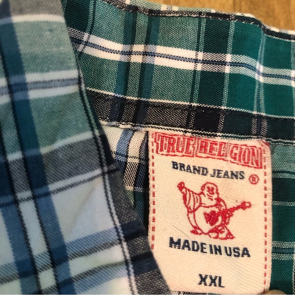 True Religion Green Plaid Embroidered Mens Button Down Short Sleeve Shirt XXL - Picture 4 of 9